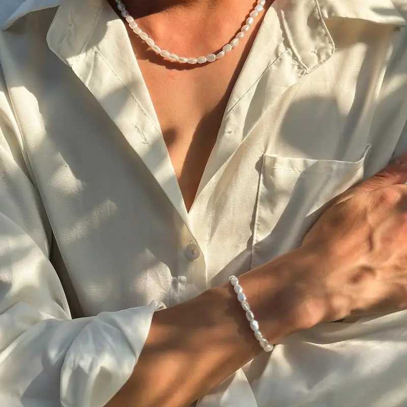 New Fashion Oval Imitation Pearl Chain Bracelet Necklace Men Women Handmade Classic Chain Beads Bracelet for Men Jewelry SetXJ250117