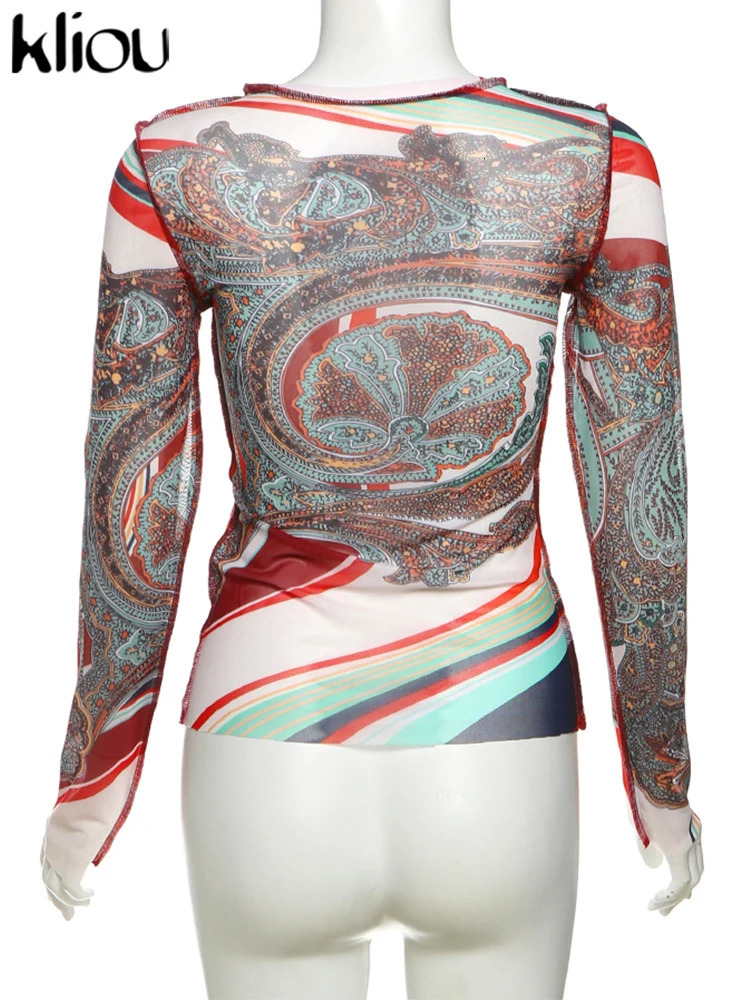 kliou Mesh Festival Printed Women T-shirts Autumn Hipster Full Sleeve O-neck Skinny Crop Tees Female Thin Wild Streetwear 250113