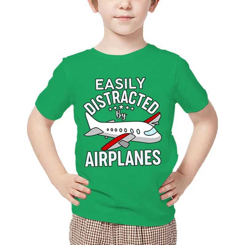 New Aircraft Children T-Shirt Easily Distracted By Airplanes Print T Shirt Harajuku Fashion Plane Tees Girl Boy Cartoon Tshirt M250116