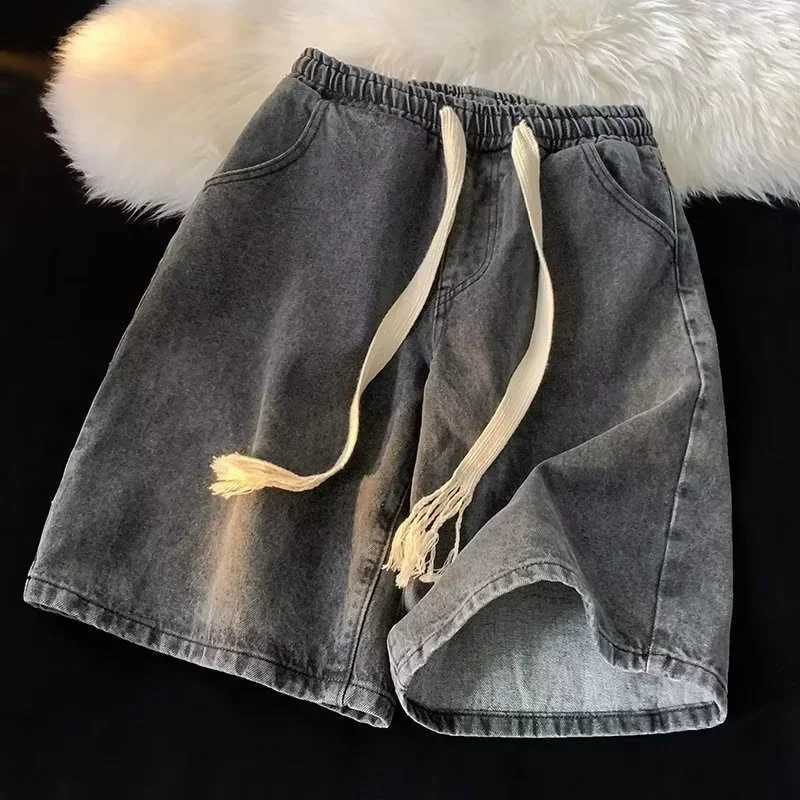 Summer Y2K Denim Shorts For Men Korean Fashion Vintage Straight Short Jeans Casual Streetwear Baggy Drawstring Bermuda masculinaXJ250117