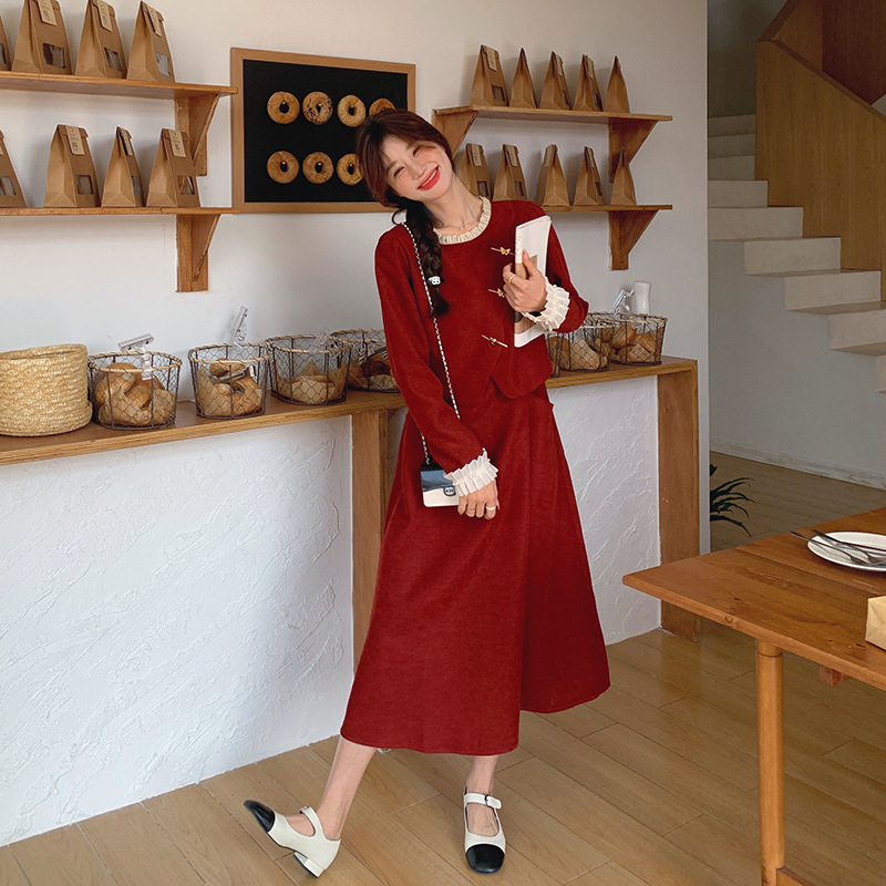 MU3120 Retro casual long skirt 2024 spring and autumn new style wood ear edge pleated color matching fake two-piece dress for women