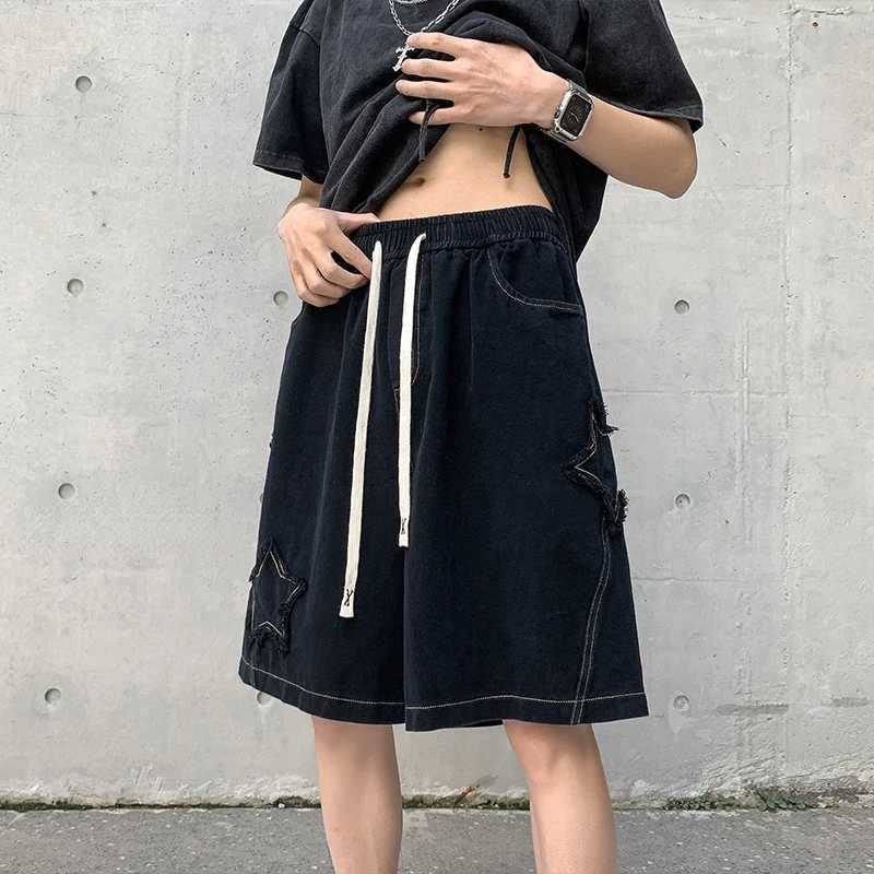 Men Vintage Summer Star Patchwork Denim Shorts Plus Size Drawstring Baggy Sweatshorts Male Y2k High Waist Chic Shorts StreetwearXJ250117