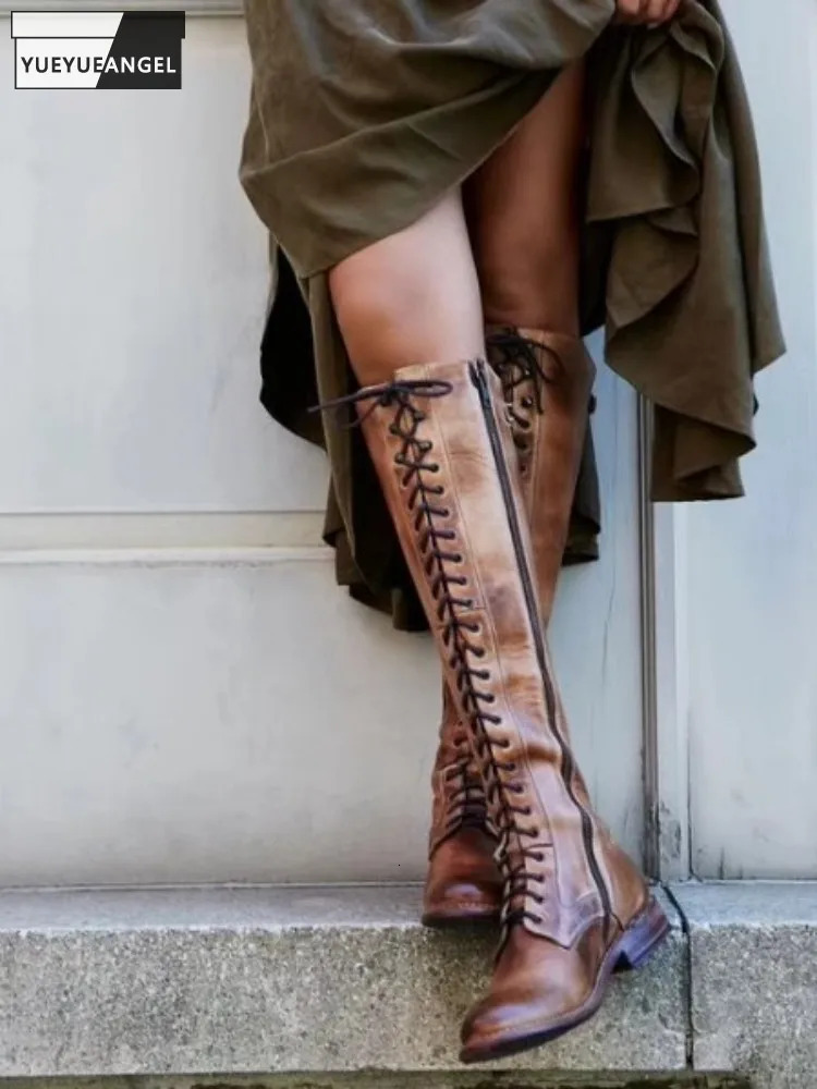 Designer Fashion Shoes Lace Up Zipper Women Cowskin Genuine Leather Boots Round Toe Autumn Female Vintage Knight Knee High 250117
