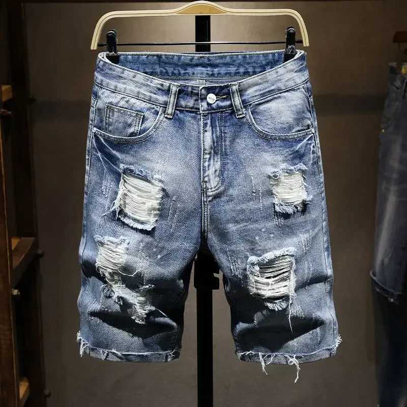 Male Denim Shorts Ripped Straight With Pockets Xl Mens Short Jeans Pants Thin Cut Trend 2024 Blue Y2k Fashion Youthful EmoXJ250117