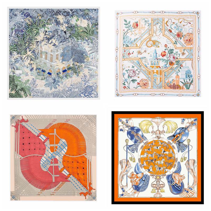 130cm twill silk large square scarf warhorse tassel floral palace printed women's headscarf shawl scarf Linzhong Inn printed silk scarf