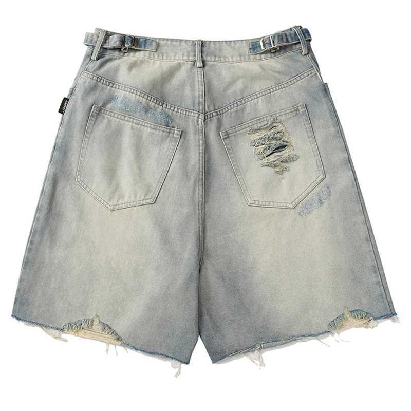 Y2K Washed Denim Shorts Vintage Blue Wide Leg Jeans Shorts For Men Summer Loose Casual Hole Ripped Shorts Blue Sweatpants PantsXJ250117