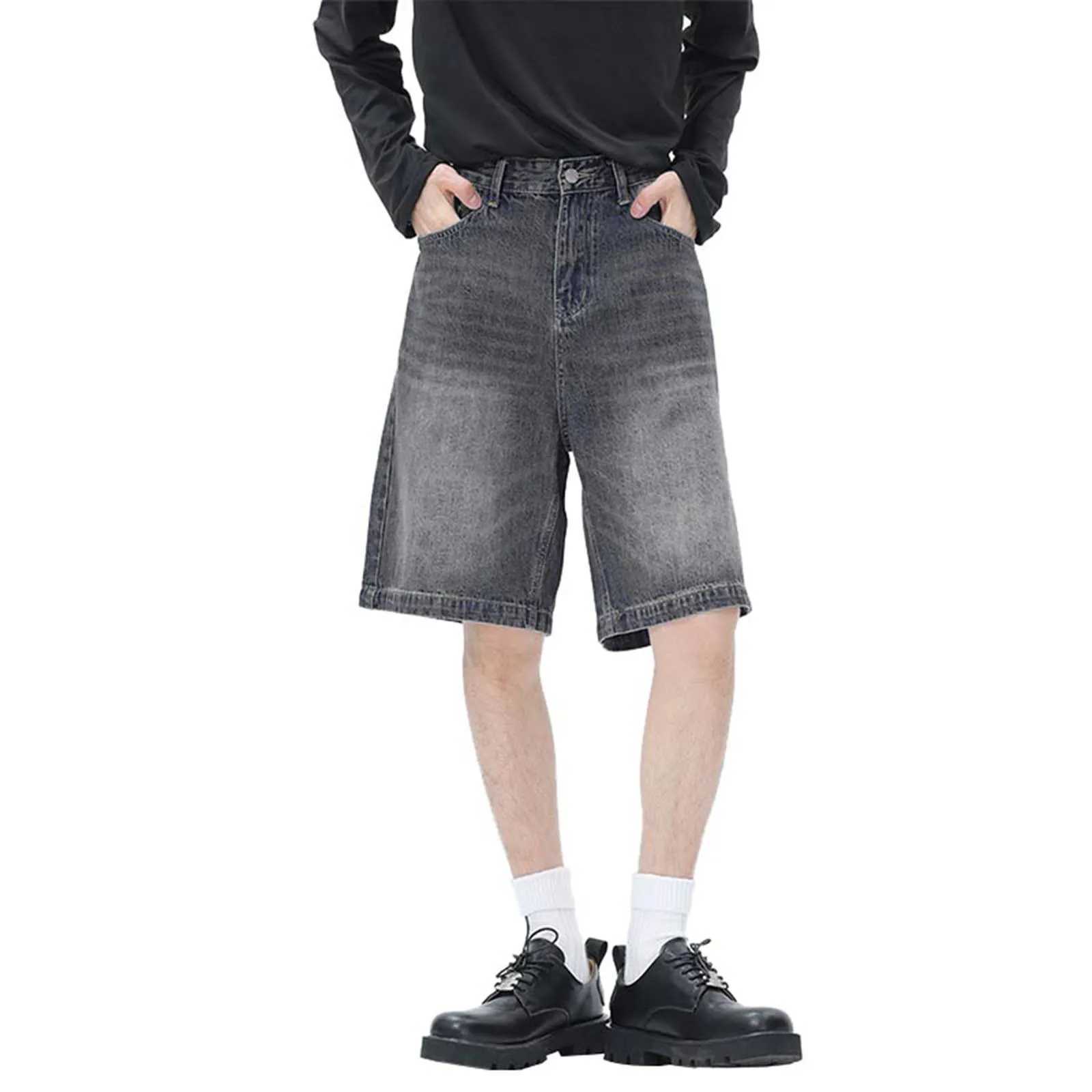 Mens Denim Shorts Straight Wide Leg Jeans Vintage Stretch Jeans For Men Casual Loose Summer Short Pants Y2k Baggy StreetwearXJ250117