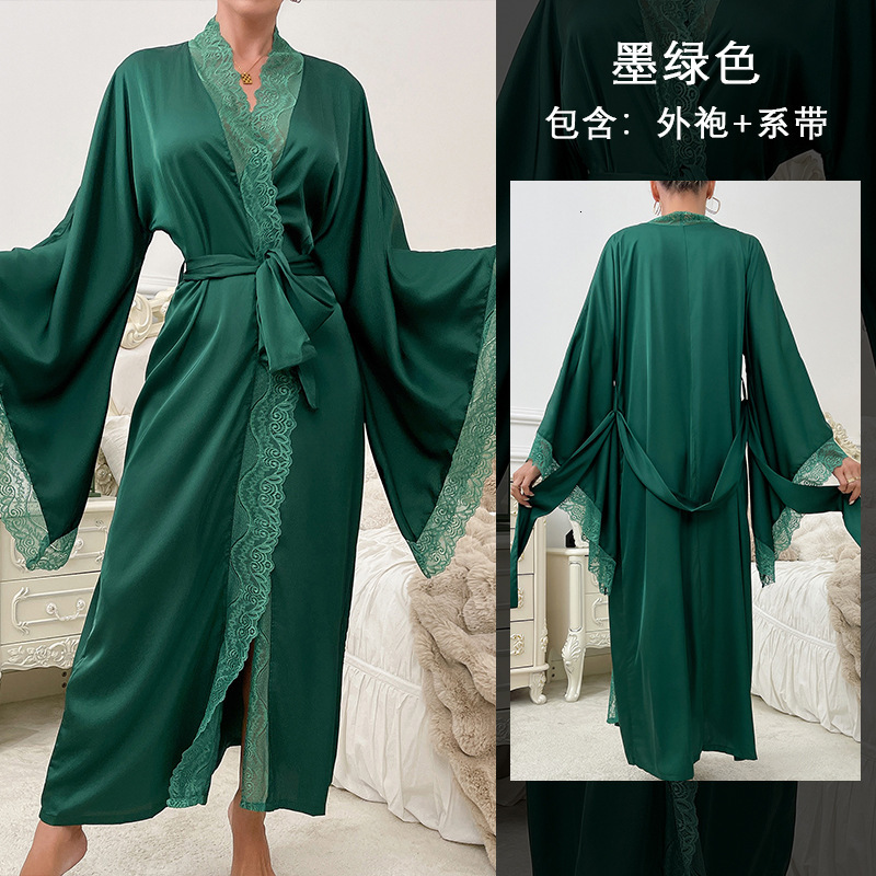 New Satin Sleepwear Lace Light Luxury Long Sleeved Cool Sleeping Robe Bathrobe Home Wear Women 336