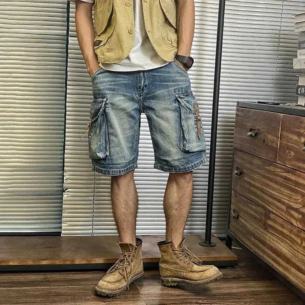 Mens Street Distressed Jeans 2024 Summer Fashion Workwear Retro Medium Pants Motorcycle Casual Loose Big Pocket Y2K ShortsXJ250117