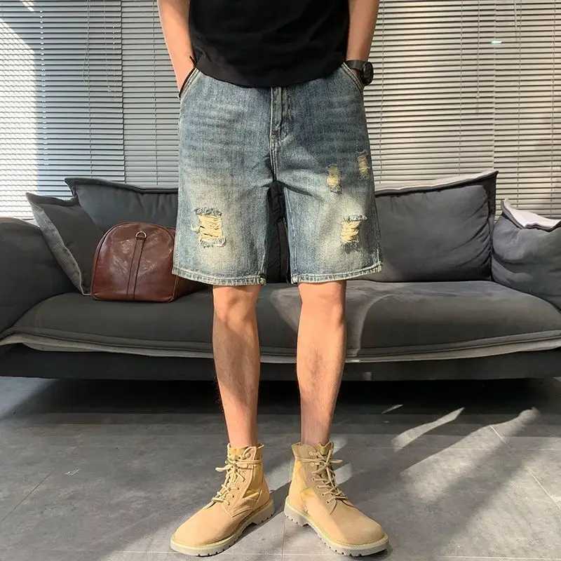 Male Denim Shorts Long Half Bermuda Mens Short Jeans Pants Straight Korean Fashion Designer Original Cowboy Blue Y2k Sale XlXJ250117