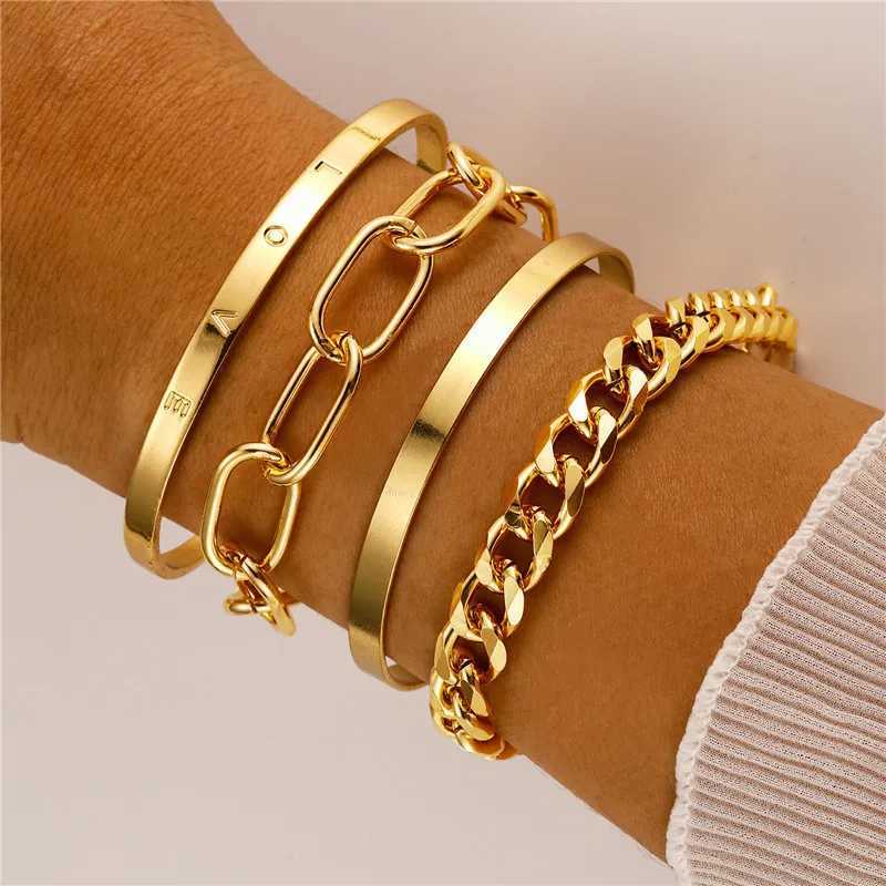 Unisex Simple Gold Color Cuff Stainl Steel Letter Bracelet Luxury High Quality Link Chain Bracelet Accory for Men WomenXJ250117