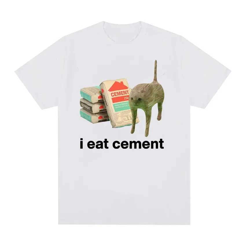 I Eat Cement Cursed Cat Funny Meme T Shirt For Men Women Fashion Casual Short Sleeve Male Oversized Polyester T-shirt TopsXJ250117