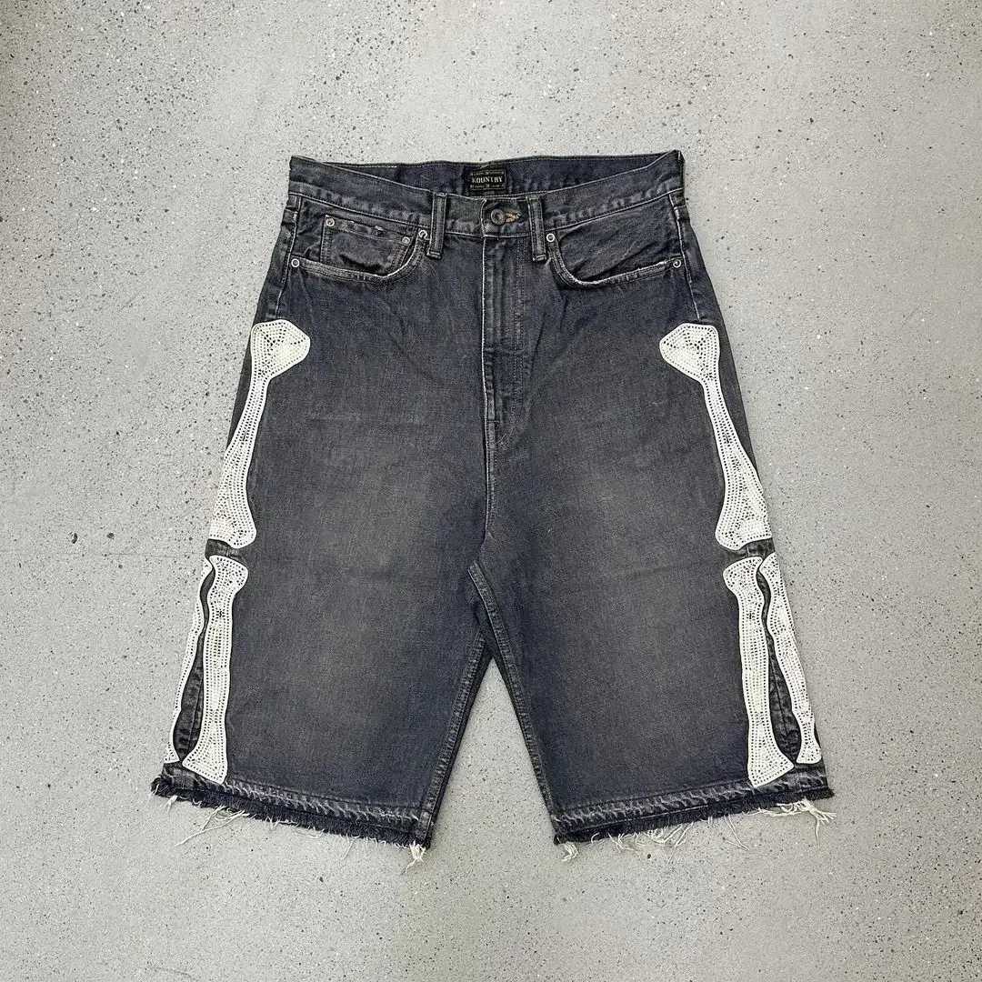 Y2K Blue Denim Shorts With Bone Embroidery Oversize Denim Shorts Street Vintage Harajuku Hip Hop Gothic Punk Gothic Wide PantsXJ250117