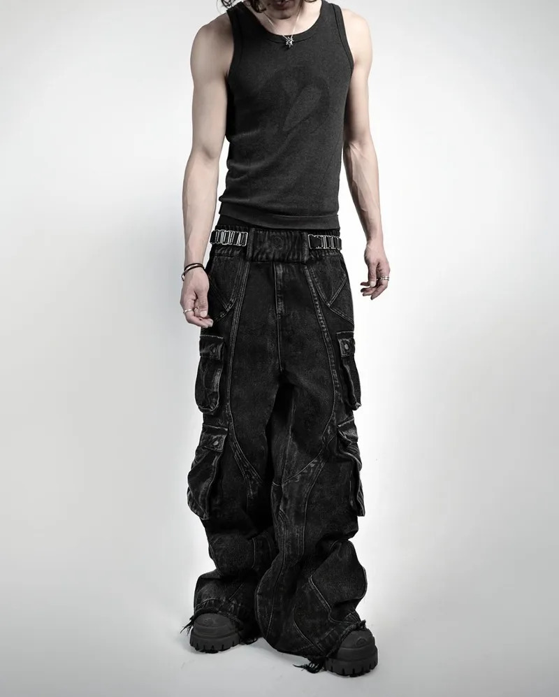 Streetwear Fashion Old Washing Heavy Industry Big Pocket Black Baggy Jeans Men Y2K Rock Hiphop Dark Casual Wide-leg Trousers 250109