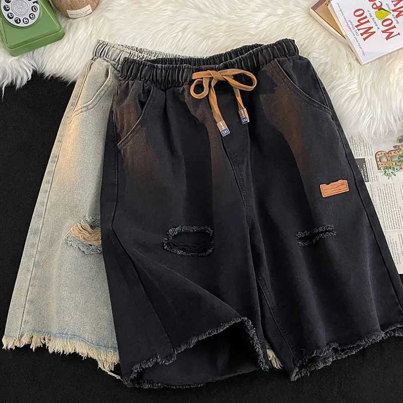 Mens Trendy Vintage Casual Streetwear Y2K Hole Jeans Short Pants 2024 Summer Youth Harajuku Pockets Loose Straight Denim ShortsXJ250117