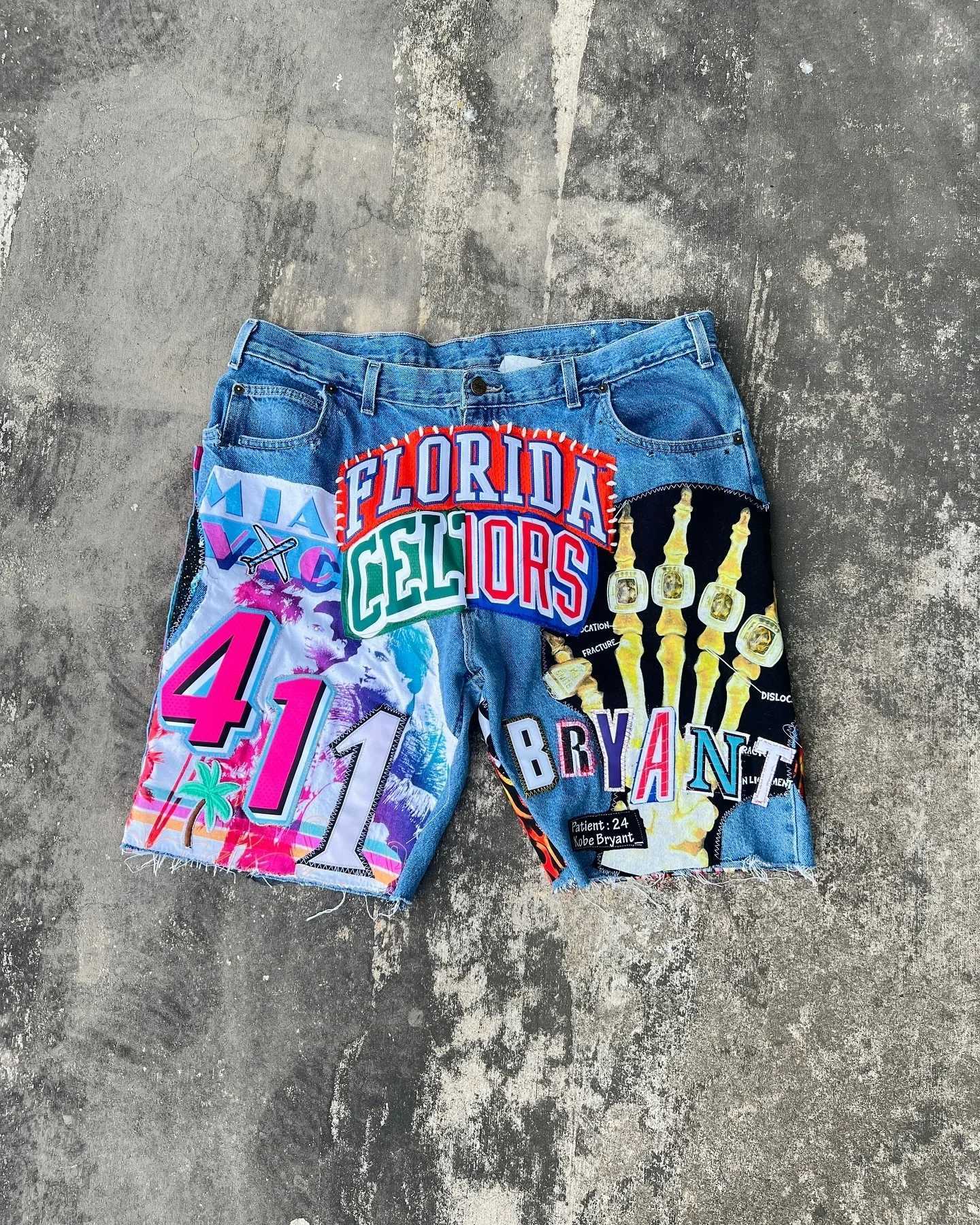 Street wear shorts Y2K mens jeans Harajuku hip-hop graphic retro blue pocket denim gym shorts casual shorts W250215