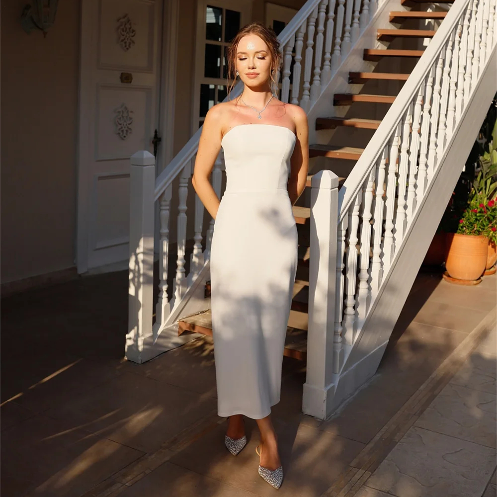 Simple Civil Wedding Dresses Sheath Tea Length Bridal Gowns With Detachable Long Sleeves Wrap 2025 Elegant Bride Dress Back Split