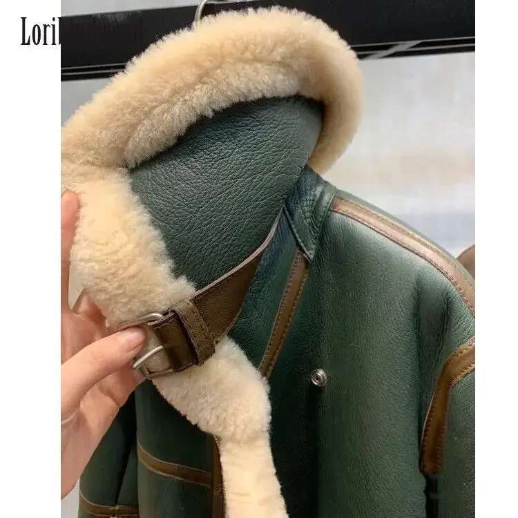 2023 New Winter Clothes Green Ing Large Lapel Motorcycle Clothing Women's Thickened Short Fur One-Piece Sheepskin Coat