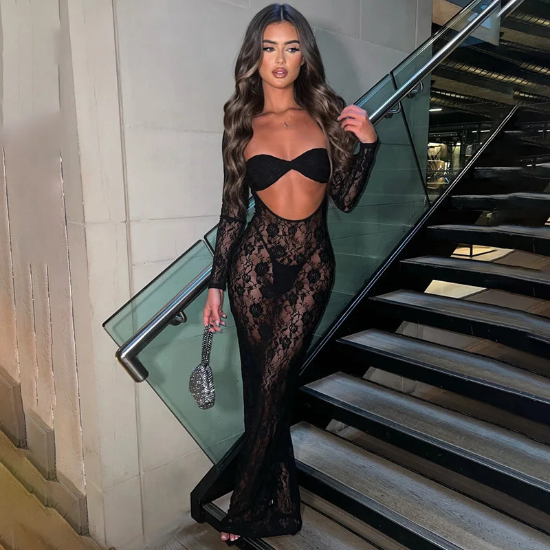 BULIDINGB Sexy Lace See Through Fashion Long Sleeve Cut Out Evening Party Dress Club Women Beach Vacation Summer Dresses 2024 250113