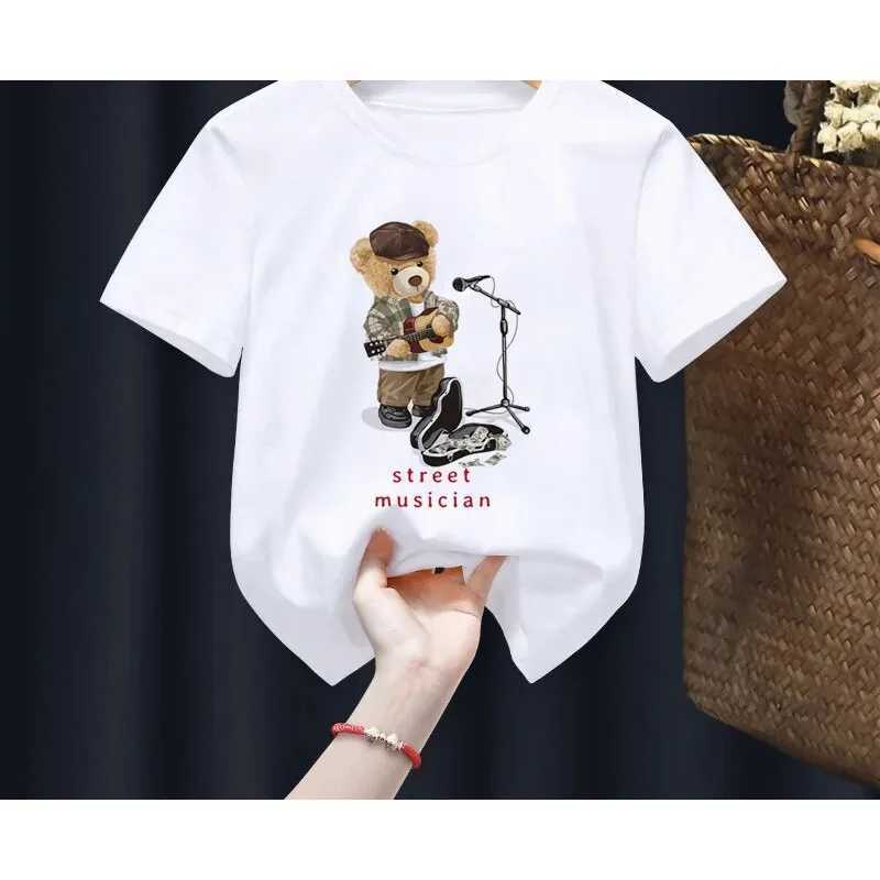 Funny Bear Print Childrens T-shirt Summer Short Sleeve Kids Shirt Cartoon Harajuku Shirt Girl Boy T Shirt Tops Teddy Bear M250116