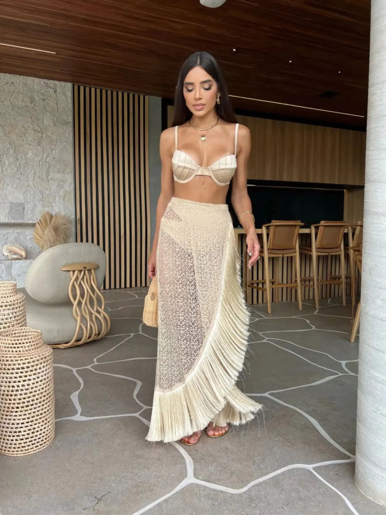2025 Swimsuit 3 Pics Set with Tassel Skirt Bikini Women Swimsuit Button High Waist Swimwear Bathing Suit Beachwear Biquini 250113