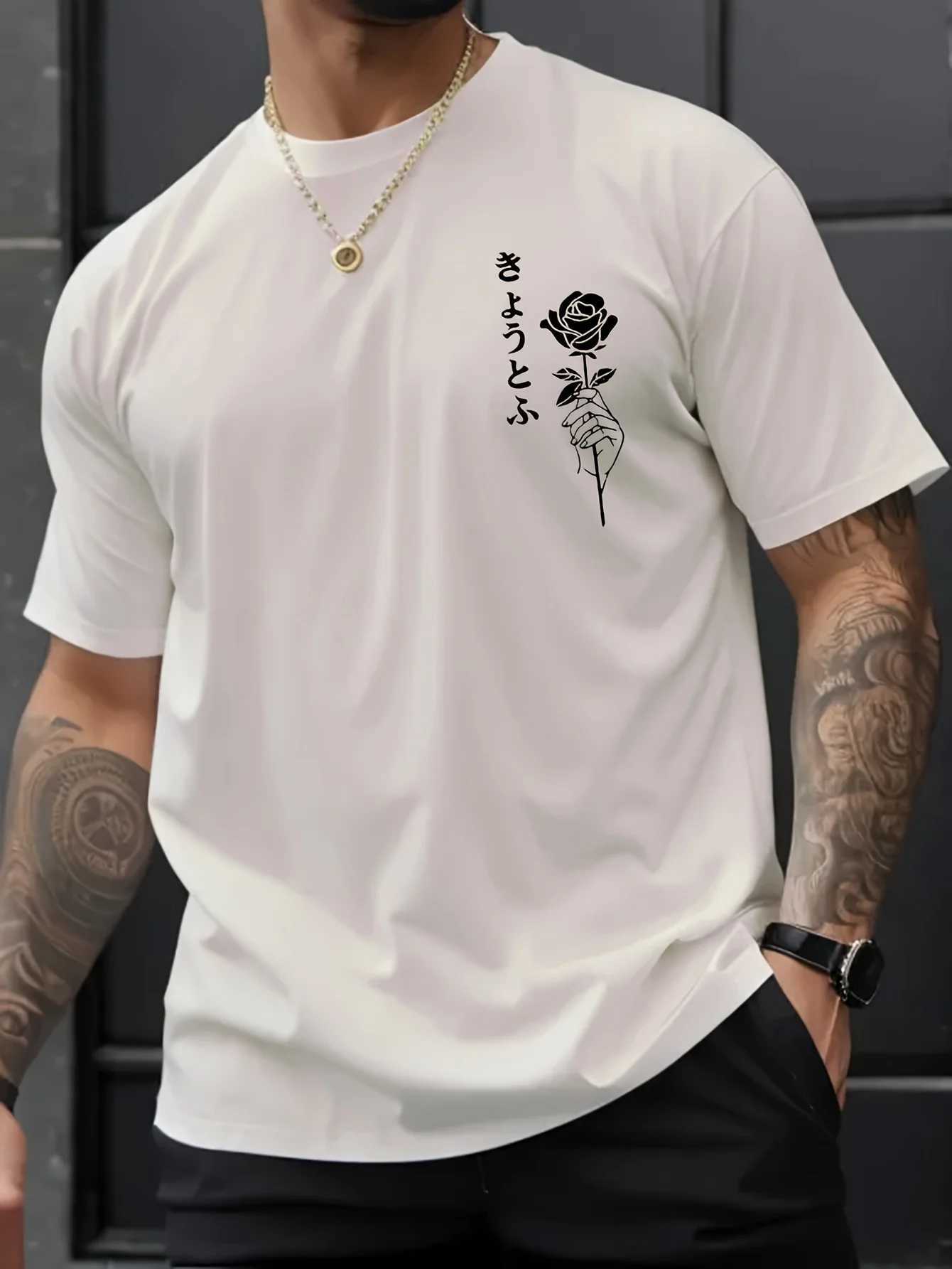 Summer mens 100% pure Polyester sports casual loose fit plus size rose pattern printed round neck short sleeved T-shirt topXJ250117