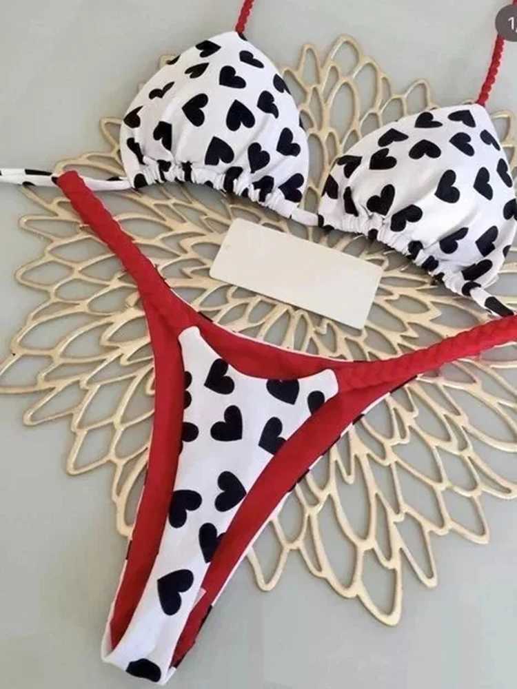 OIINAA Swimsuit Women Sexy Heart Printed Bikini Set Drawstring Bathing Suit Summer Two-pieces Thong Beachwear Split New BiquinisXJ250117