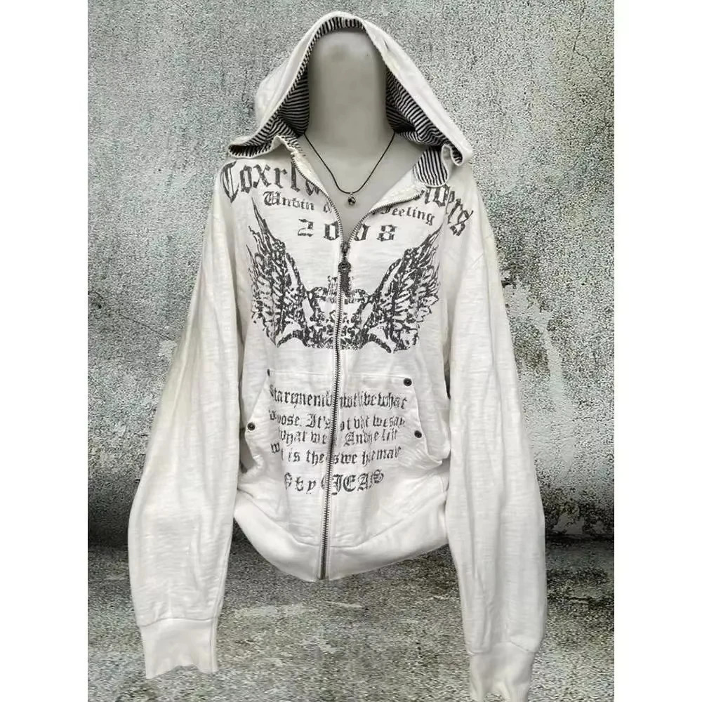 Vintage Y2k Aesthetic Grunge Letter Print Zippers Hoodies Women Coat Casual Gray Femme Korean Fur Patchwork Hooded Sweatshirts 250109
