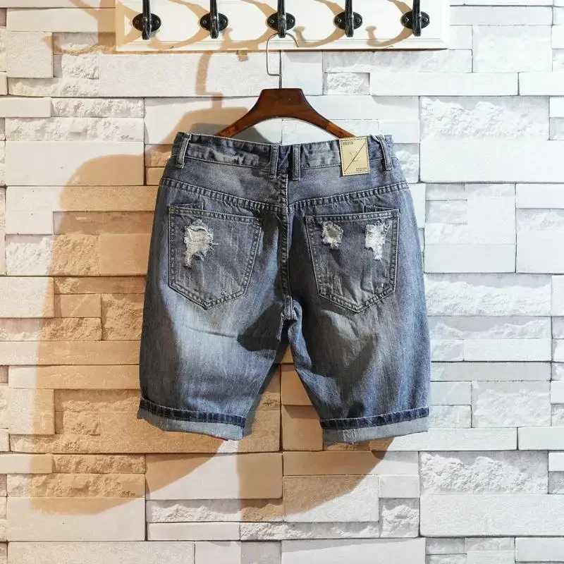 Man Denim Shorts Straight With Pockets Ripped Short Jeans Pants For Men Streetwear New In Y2k Fashion Popular Xl VintageXJ250117