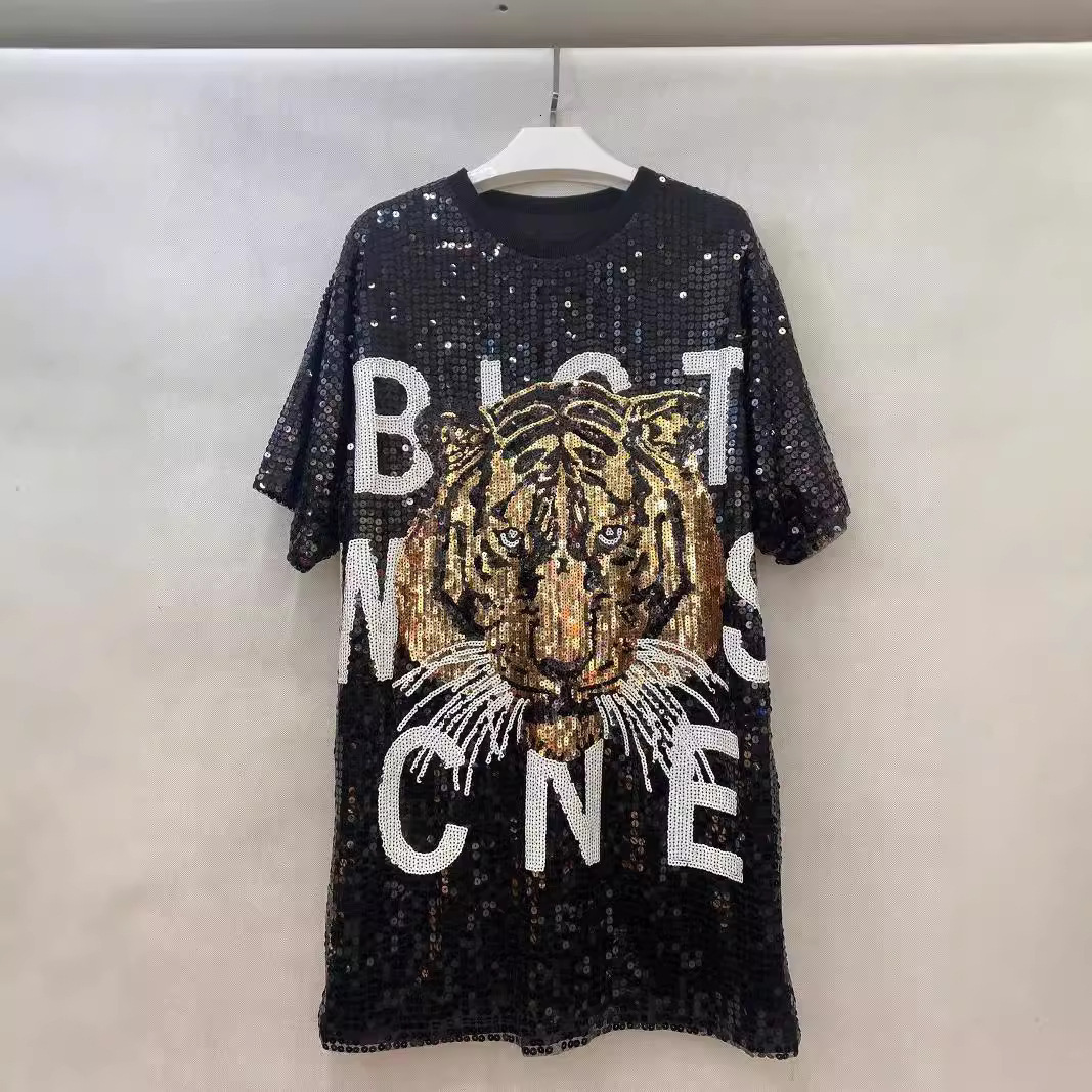 designer t shirt women tank top europe and america summer foreign trade heavy Industry women's clothing shining loose tshirt round neck h
