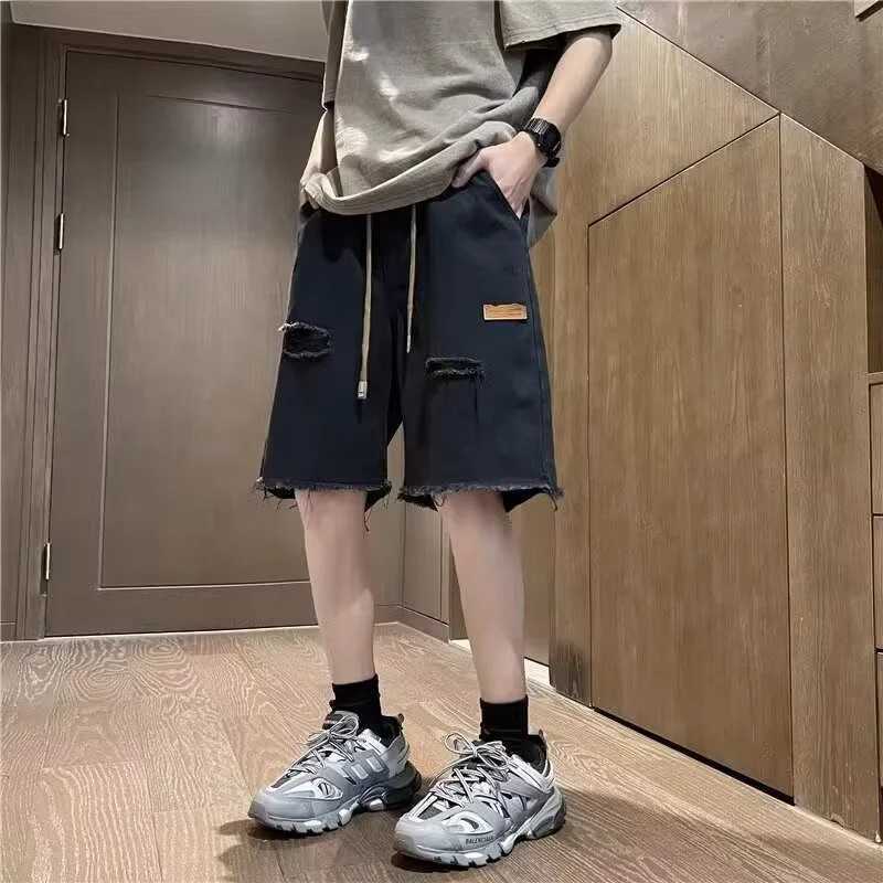Summer Y2K Vintage Denim Shorts For Men Streetwear Ripped Short Jeans Drawstring Baggy Wide Leg Bermuda Blue Shorts PantsXJ250117