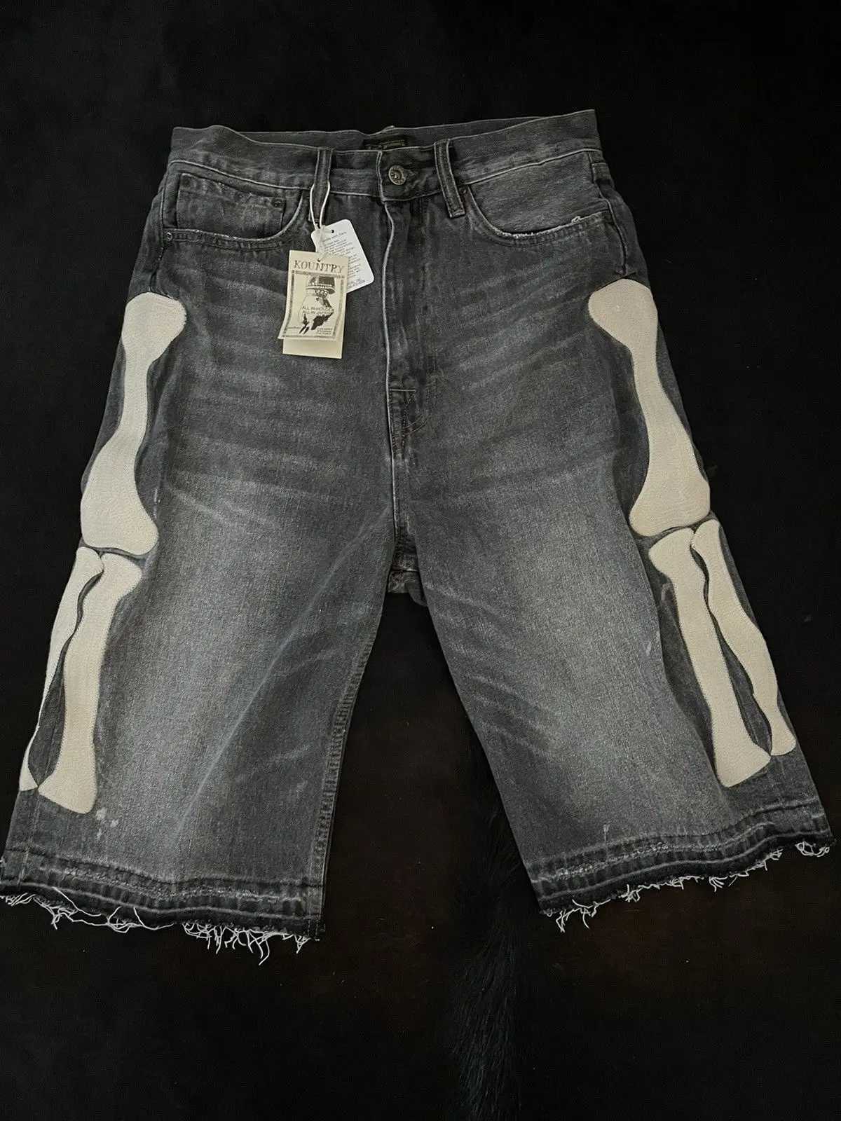 Y2K Blue Denim Shorts With Bone Embroidery Oversize Denim Shorts Street Vintage Harajuku Hip Hop Gothic Punk Gothic Wide PantsXJ250117