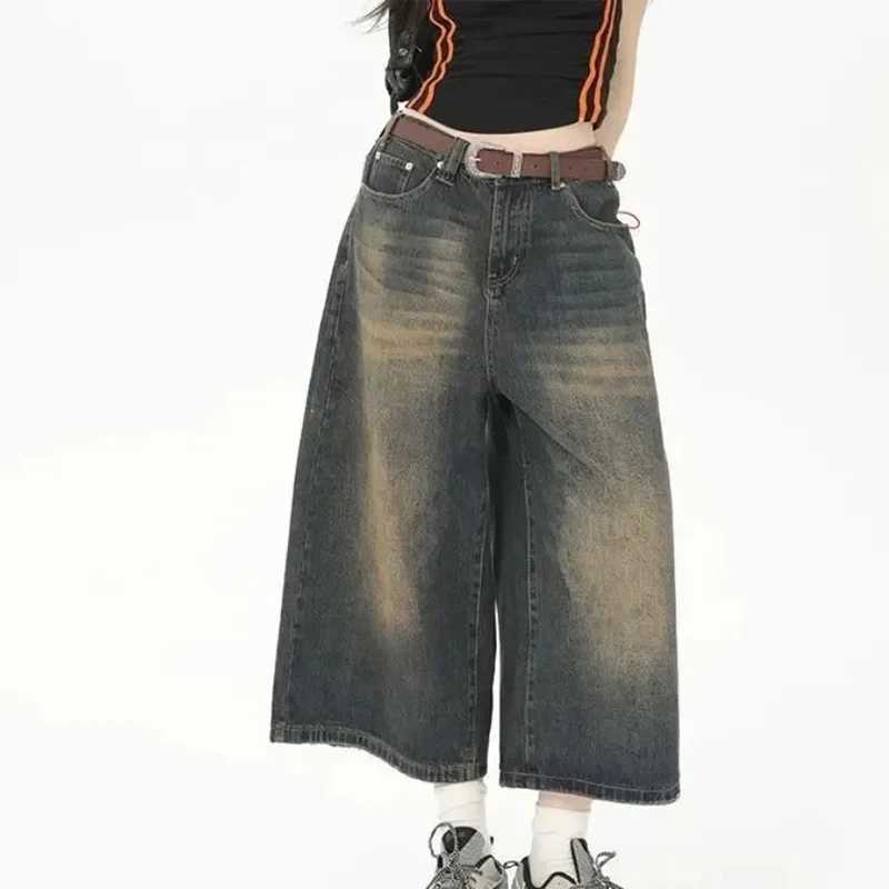 Men Women Y2k Style Baggy Denim Shorts Wide Leg Short Pants Fashion High Waisted Dark Wash Knee Length Loose Unisex Jeans CasualXJ250117