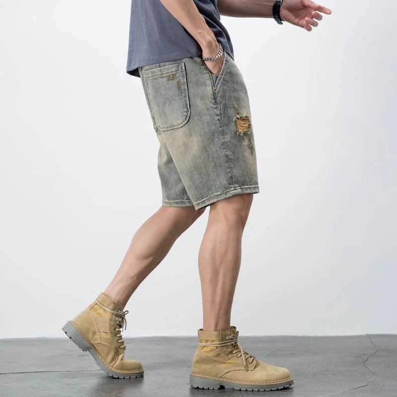 Male Denim Shorts Baggy Ripped Big Size Mens Short Jeans Pants Loose Oversize Wide Vintage Y2k Fashion Buttons Streetwear EmoXJ250117