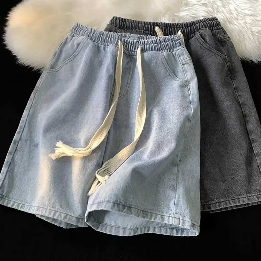 Elastic waistband denim shorts mens elastic drawstring denim shorts with pockets casual summer beach shorts mens W250319
