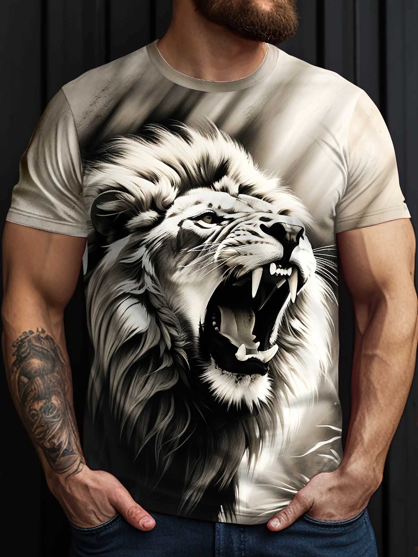 Mens Lion Print Short Sleeve Crew Neck T-Shirt Soft Breathable Casual Wear Outdoor Activities Summer Essential Clothing TshirtsXJ250117