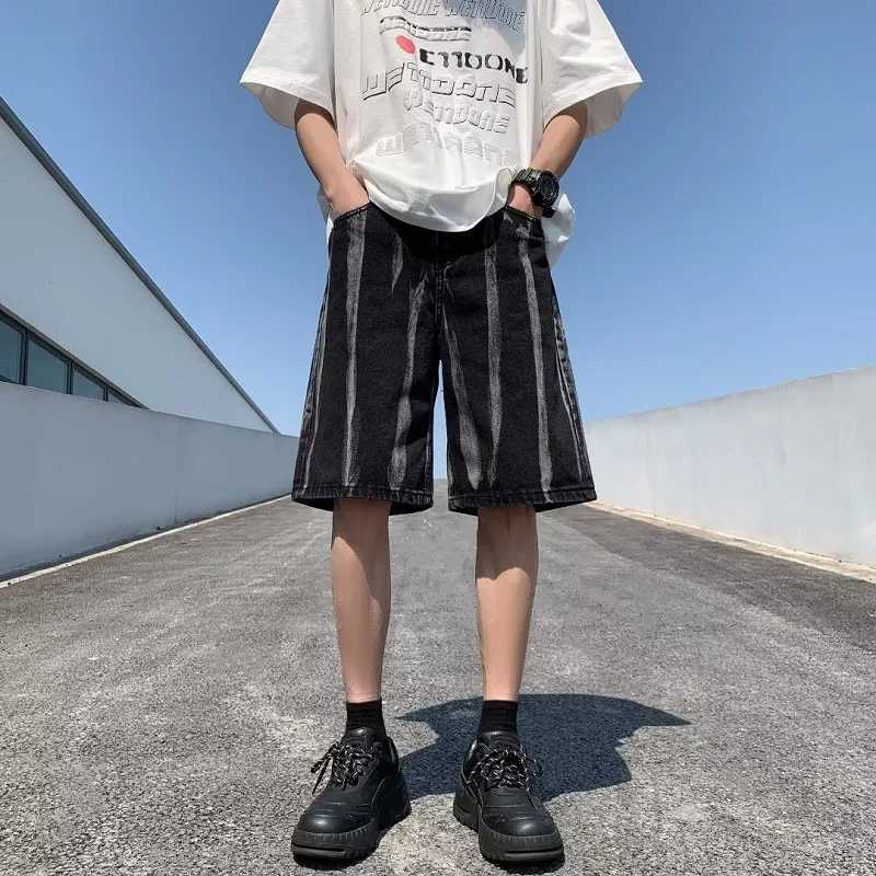 Summer Vintage Tie-dye Denim Shorts Mens Drawstring Y2K Streetwear Straight Short Jeans 2024 New Baggy Hip Hop Male shortsXJ250117