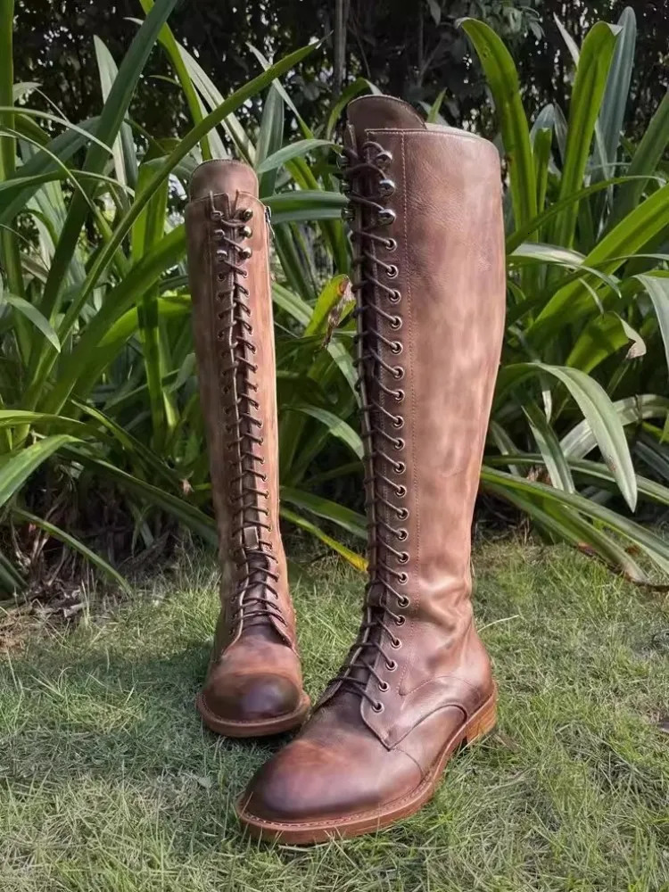 Designer Fashion Shoes Lace Up Zipper Women Cowskin Genuine Leather Boots Round Toe Autumn Female Vintage Knight Knee High 250117