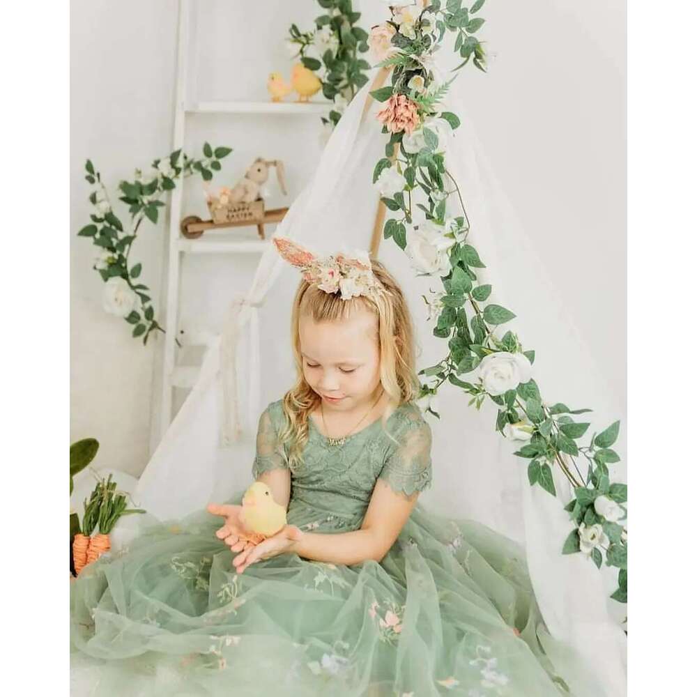 Meet Romance RAL EMBROIDERED TULLE LACE GIRL DRESS IN SAGE Scalloped Edges Tulle Skirt Junior Bridesmaid Gown 6660311