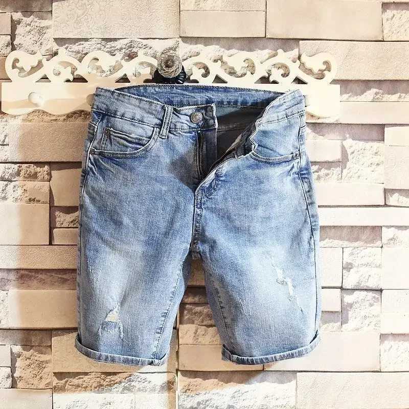 Short Jeans Pants For Men Ripped Blue With Pockets Original Man Denim Shorts Sale Xl Cowboy Thin Vintage Y2k Fashion CutXJ250117