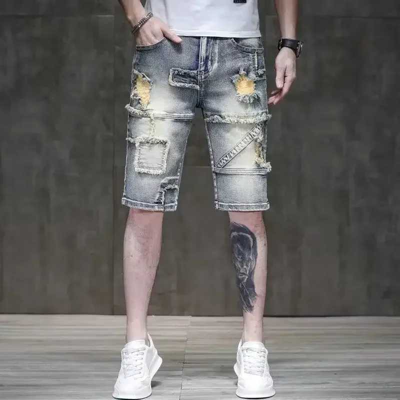 Man Denim Shorts Ripped Patchwork Short Jeans Pants for Men with Comfortable Emo Trend 2024 Vintage Jorts Buttons Y2k FashionXJ250117