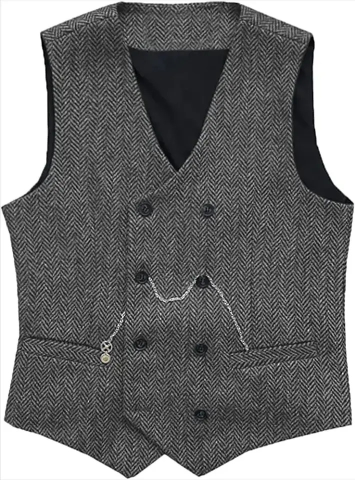 V Neck Mens Suit Vests Gray Herringbone Wool Tweed Double Breasted Waistcoat Tuxedo Groomsmen For Wedding Groom Vest 250114Z