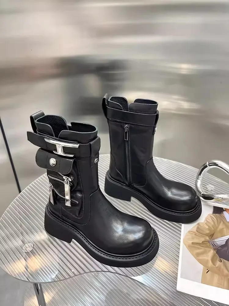 Women Genuine Leather Motorcycle Boots Autumn Winter Vintage British Style Platform High Top Shoes Punk Cargo Female 250117