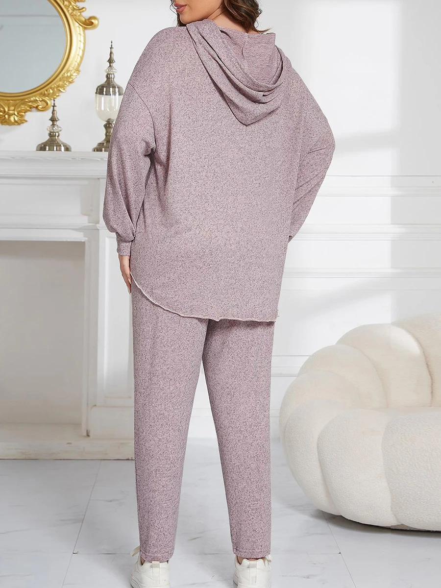 Women s Cozy 2 Piece Lounge Set with Long Sleeve Hooded Top and Matching Pants in Solid Color Perfect Sleepwear Plus Size 250109