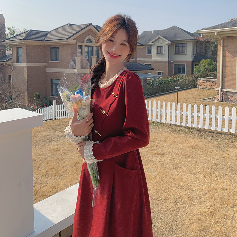 MU3120 Retro casual long skirt 2024 spring and autumn new style wood ear edge pleated color matching fake two-piece dress for women