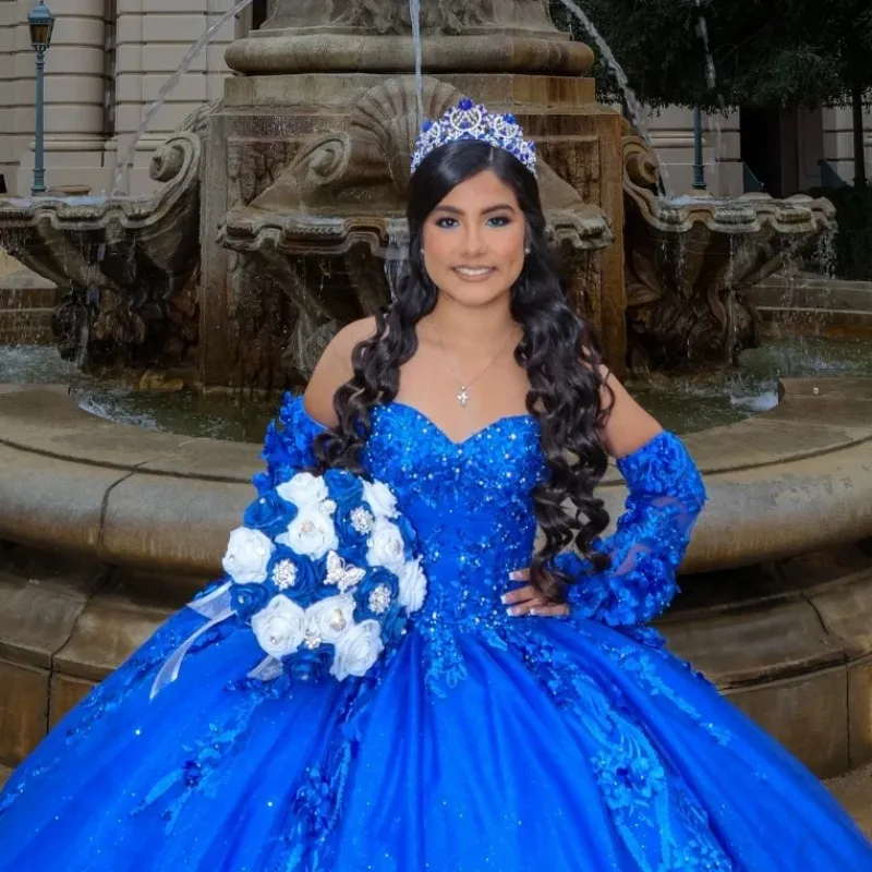 Luxurious Royal Blue Quinceanera Dresses With Lace 3D Floral Appliques Sweetheart Ball Gown Sweet 16 Dress Detachable Long Sleeves Vestido De Vx Anos 