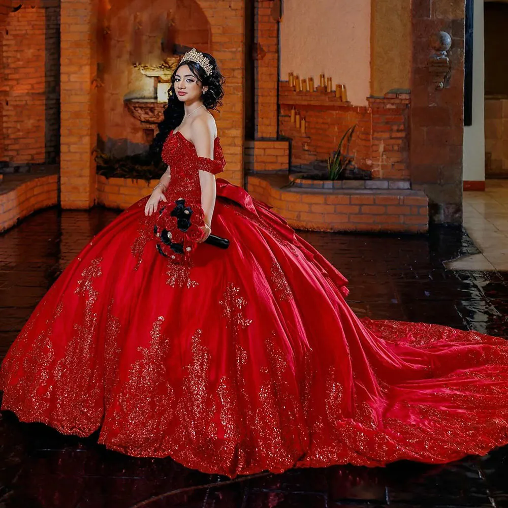 Luxurious Princess Quinceanera Dresses With Bow Back Off Shouler Ball Gown Sweet 16 Dresses Sequins Lace Appliques 2025 Red Prom Special Occasion Dres