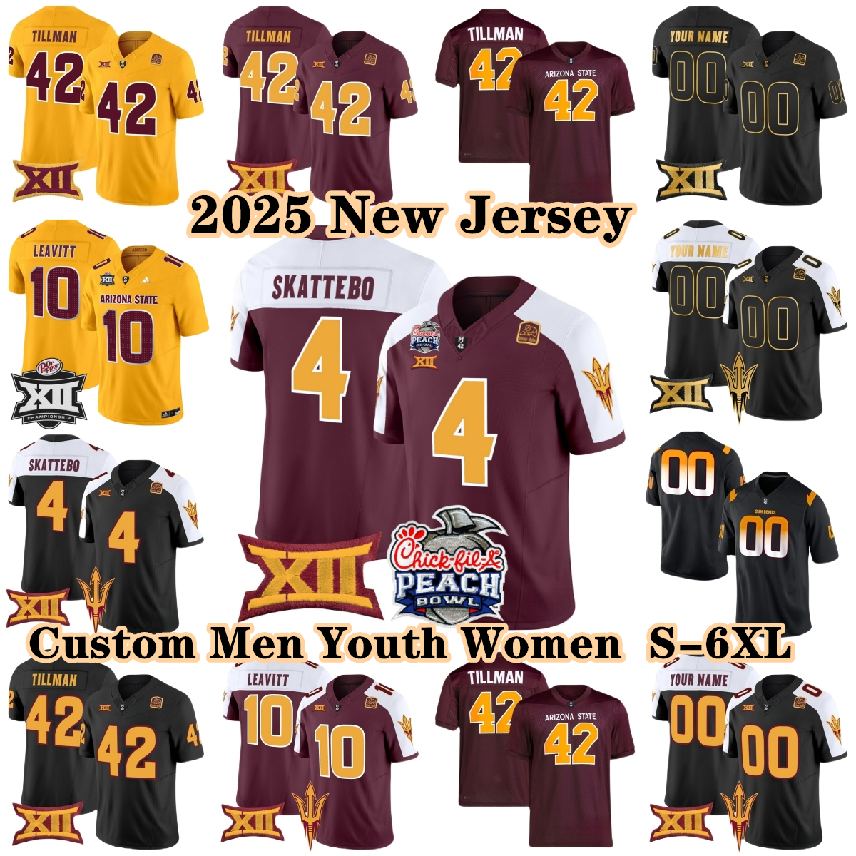 2025 S-6XL Arizona State Sun Devils Football 4 Cam Skattebo College Jerseys 42 Pat Tillman 10 Sam Leavitt 16 Trenton Bourguet 0 Jordyn Tyson Custom Any Name Number