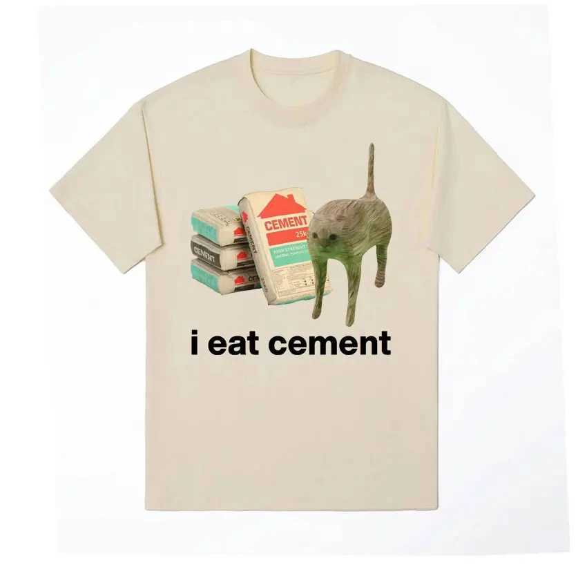 I Eat Cement Cursed Cat Funny Meme T Shirt For Men Women Fashion Casual Short Sleeve Male Oversized Polyester T-shirt TopsXJ250117