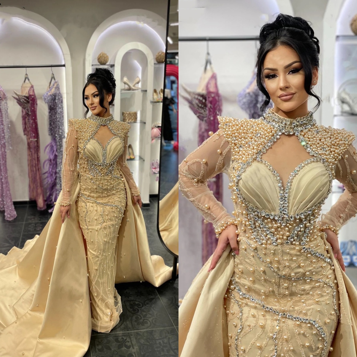 Mermaid Evening Dresses For Women High Collar Long Sleeves Gown Crystal Pearl Detachable Train Customized Dress